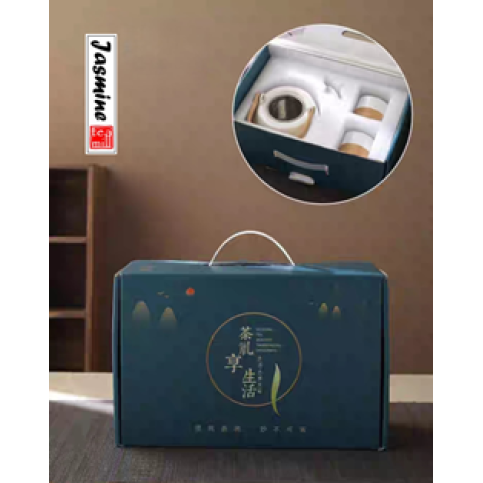 white porcelain tea set with bamboo handle